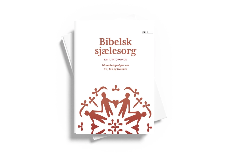 Bibelsk sjælesorg" facilitatorsguide bogomslag med rødt grafisk motiv af figurer i cirkel.