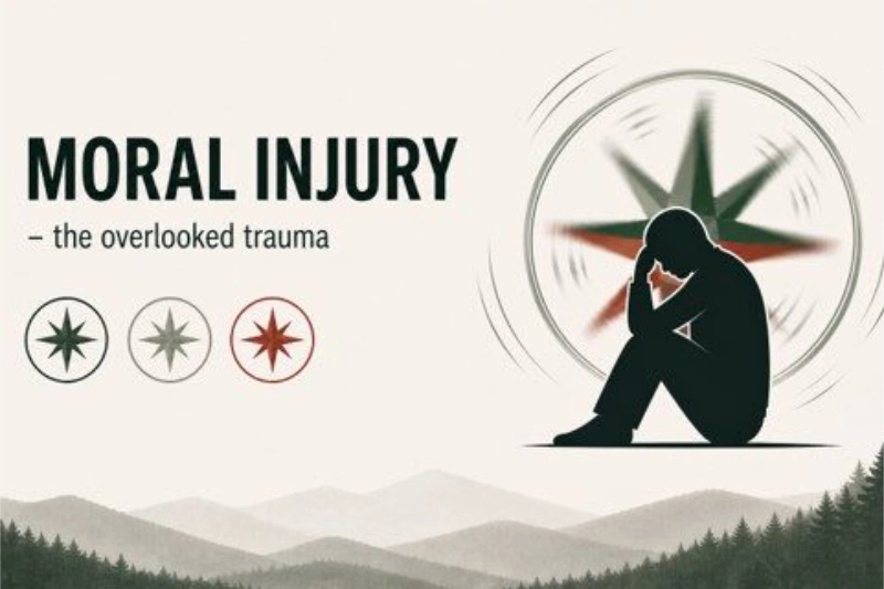 Grafik om moralsk skade med teksten “Moral Injury – the overlooked trauma”, en nedbøjet, siddende silhuet foran et kompas samt et stiliseret bjerg- og skovlandskab.