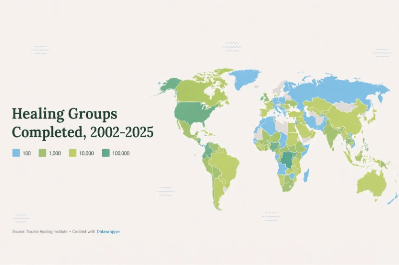 Verdenskort, der viser udbredelsen af gennemførte Healing Groups på tværs af lande fra 2002 til 2025.
