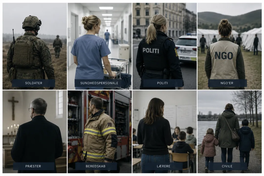 Collage med soldat, sundhedspersonale, politi, NGO-medarbejder, præst, beredskabsmedarbejder, lærer og civile, som illustrerer moralsk skade på tværs af professioner og civilsamfund.