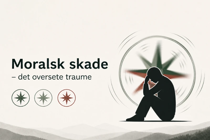 Illustration med teksten “Moralsk skade – det oversete traume” og en siddende, nedtrykt person foran et kompas.